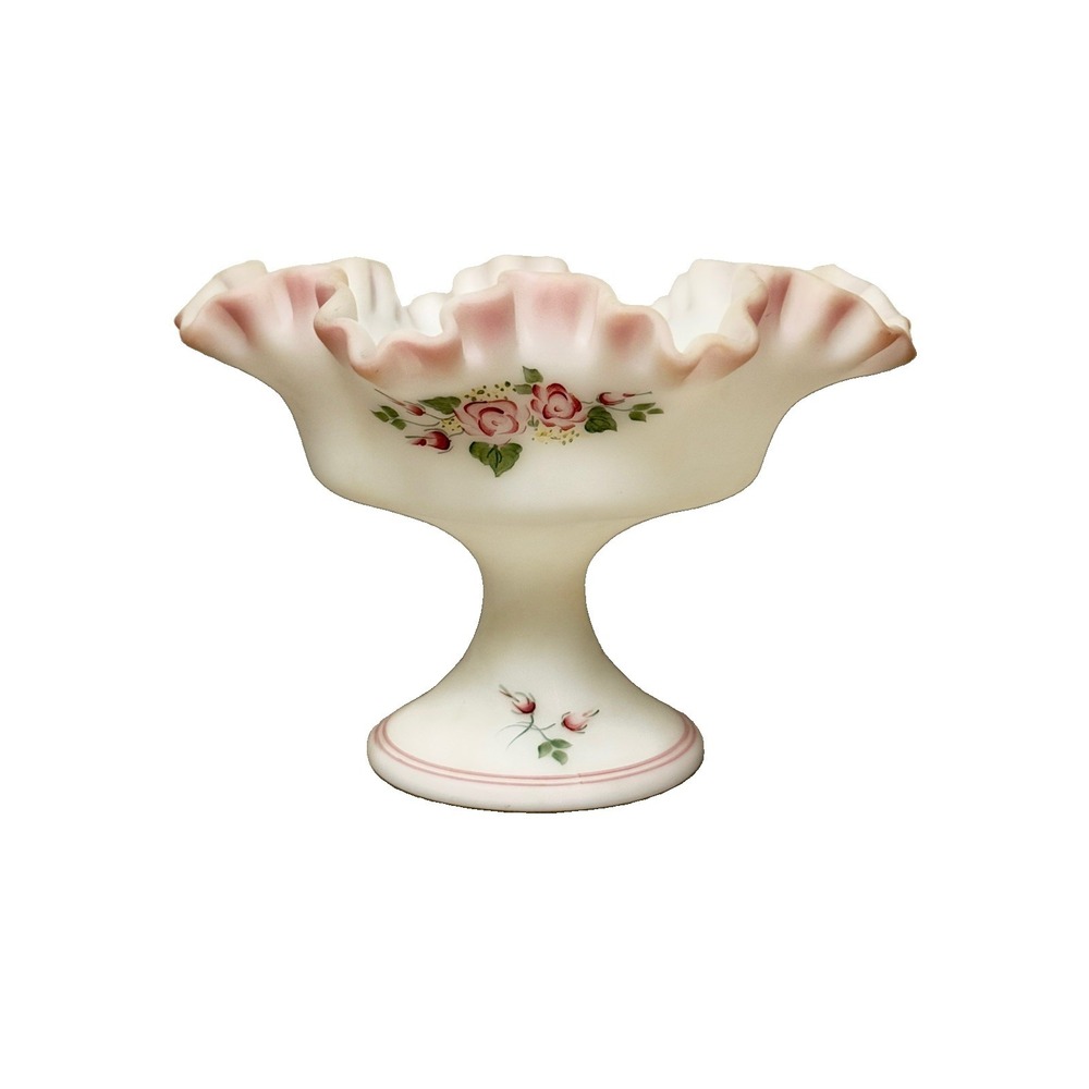 Vtg Fenton White Glass Compote Pedestal Candy Dish Signed Hand Painted Floral